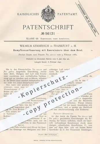 original Patent - Wilhelm Kemmerich , Frankfurt / Main , 1890 , Dampfkessel - Feuerung mit Quersiedern über dem Rost !!
