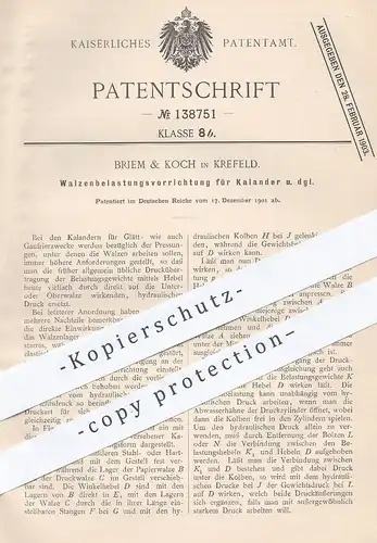 original Patent - Briem & Koch , Krefeld , 1901 , Walzenbelastungsvorrichtung für Kalander | Walze , Walzwerk , Walzen !