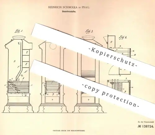 original Patent - Heinrich Schmolka , Prag , 1902 , Dauerbrandofen | Ofen , Öfen , Ofenbauer , Heizung , Feuerung !!!