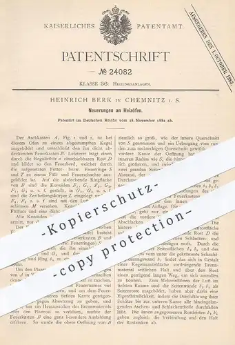 original Patent - Heinrich Berk , Chemnitz , 1882 , Heizofen | Ofen , Heizung , Feuerung , Ofenbauer , Öfen !!!