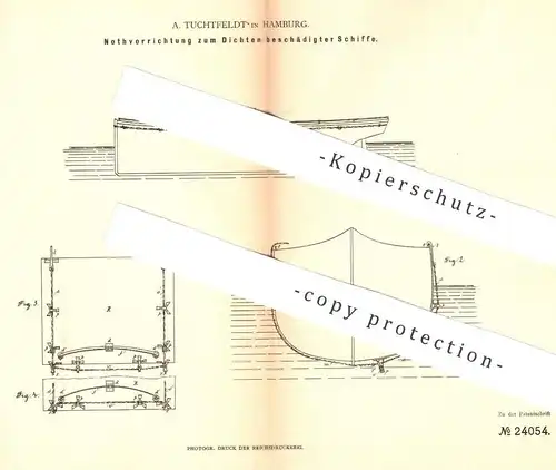 original Patent - A. Tuchtfeldt , Hamburg , 1883 , Not - Abdichtung für beschädigte Schiffe | Schiff , Schiffsbauer !!!