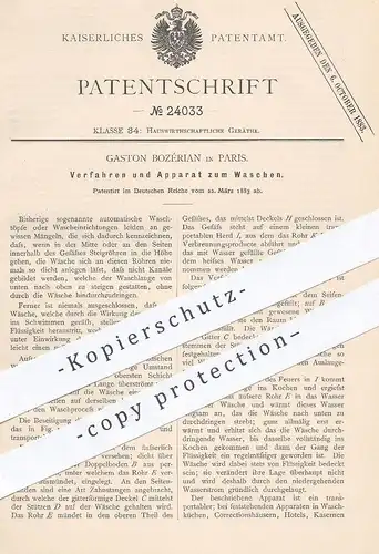 original Patent - Gaston Bozérian , Paris , 1883 , Apparat zum Wäsche waschen | Kochwäsche , Wäscherei , Waschmaschine