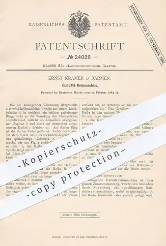 original Patent - Ernst Kramer , Barmen , 1883 , Kartoffel - Reibmaschine | Reibe , Kartoffelreibe | Koch , Kochen !!