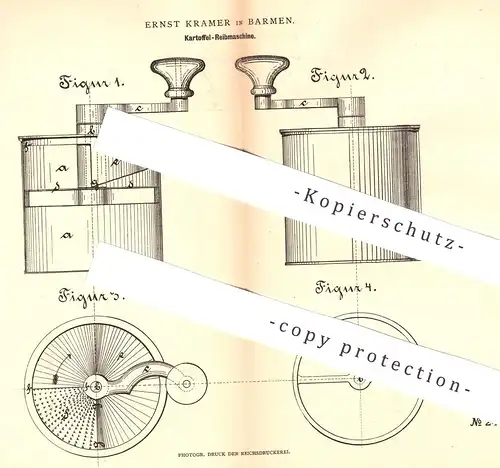 original Patent - Ernst Kramer , Barmen , 1883 , Kartoffel - Reibmaschine | Reibe , Kartoffelreibe | Koch , Kochen !!