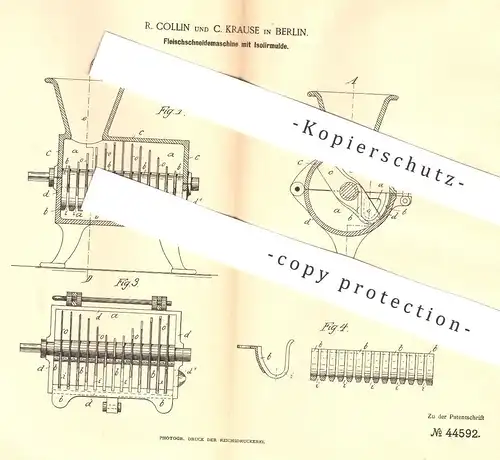 original Patent - R. Collin , C. Krause , Berlin , Schneidemaschine für Fleisch , Wurst | Fleischer , Schlachter !!!