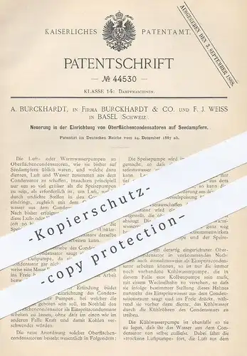 original Patent - Burckhardt & Co. , F. J. Weiss , Basel , Schweiz , 1887 , Kondensator auf Seedampfer | Dampfmaschine !