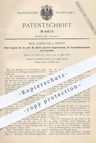 original Patent - Max Rossbach , Erfurt , 1887 , Not-Fangleine für Schachtfördergestell , Fahrstuhl , Aufzug , Hebezeug