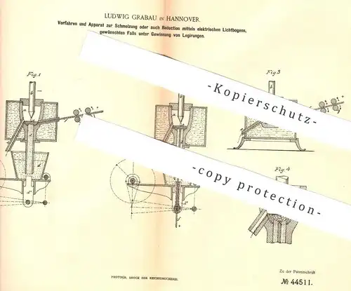 original Patent - Ludwig Grabau , Hannover , 1886 , Schmelzen per elektr. Lichtbogen | Schmelzofen , Hütte | Siemens !!