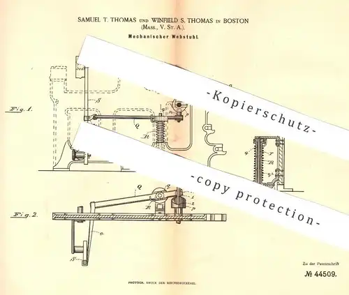 original Patent - Samuel T. Thomas , Winfield S. Thomas , Boston , USA , 1887 , Mechanischer Webstuhl | Weber , Weben !