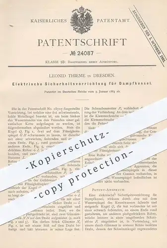 original Patent - Leonid Thieme , Dresden , 1883 , Elektrische Sicherheitsvorrichtung für Dampfkessel | Kessel !!!