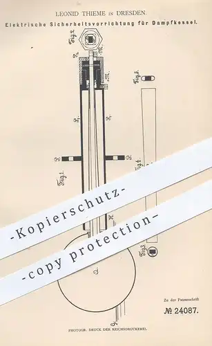 original Patent - Leonid Thieme , Dresden , 1883 , Elektrische Sicherheitsvorrichtung für Dampfkessel | Kessel !!!