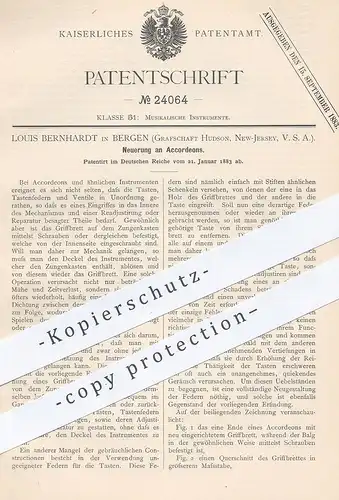 original Patent - Louis Bernhardt , Bergen , Hudson , New Jersey , USA , 1883 , Akkordeon | Musikinstrument , Musik !!