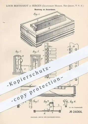 original Patent - Louis Bernhardt , Bergen , Hudson , New Jersey , USA , 1883 , Akkordeon | Musikinstrument , Musik !!