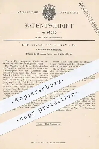 original Patent - Chr. Bungarten , Bonn , 1883 , Ventilhahn mit Entleerung | Wasserhahn , Ventil , Klempner !!