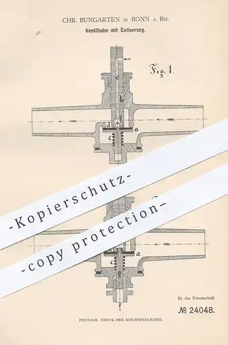 original Patent - Chr. Bungarten , Bonn , 1883 , Ventilhahn mit Entleerung | Wasserhahn , Ventil , Klempner !!