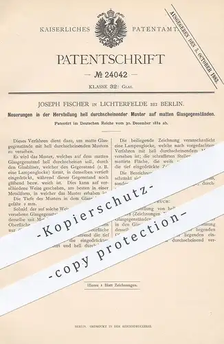 original Patent - Joseph Fischer , Berlin / Lichterfelde , 1882 , durchscheinende Muster auf mattem Glas | Glasbläser