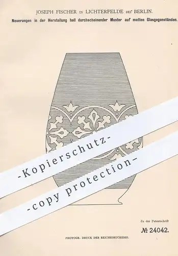 original Patent - Joseph Fischer , Berlin / Lichterfelde , 1882 , durchscheinende Muster auf mattem Glas | Glasbläser