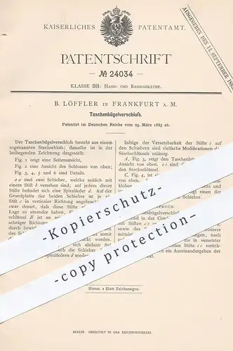 original Patent - B. Löffler , Frankfurt / Main , 1883 , Taschen - Bügelverschluss | Tasche mit Schloss | Verschluss !!