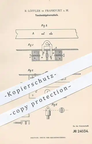 original Patent - B. Löffler , Frankfurt / Main , 1883 , Taschen - Bügelverschluss | Tasche mit Schloss | Verschluss !!
