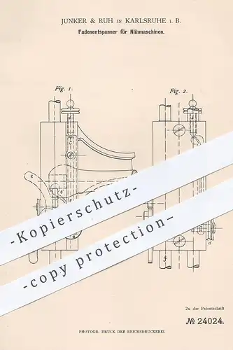 original Patent - Junker & Ruh , Karlsruhe , 1882 , Fadenentspanner für Nähmaschinen | Nähmaschine | Schneider , Nähen