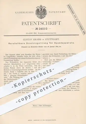 original Patent - Gustav Kraiss , Stuttgart , 1883 , Druckregulierung für Spundapparate | Zapfanlage , Bier , Ausschank