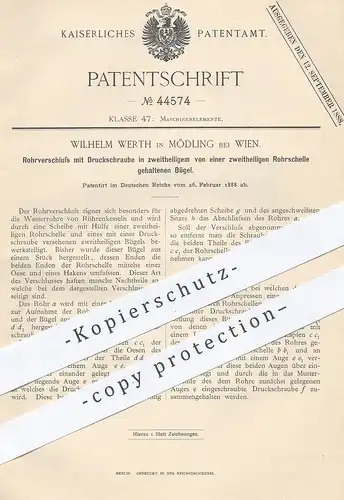original Patent - Wilhelm Werth , Mödling / Wien , 1888 , Rohrverschluss mit Druckschraube | Rohr | Wasser - Kessel