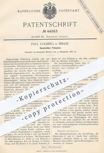 original Patent - Paul Colberg , Berlin , 1887 , Quecksilber - Telephon | Telefon , Telefonie , Telephon , Elektriker !!