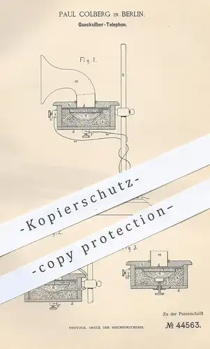 original Patent - Paul Colberg , Berlin , 1887 , Quecksilber - Telephon | Telefon , Telefonie , Telephon , Elektriker !!