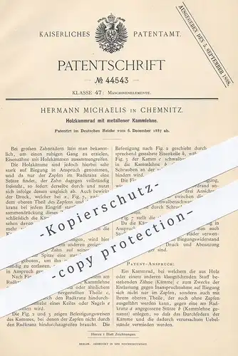 original Patent - Hermann Michaelis , Chemnitz , 1887 , Holzkammrad mit metallener Kammlehne | Zahnrad , Zahnräder !!