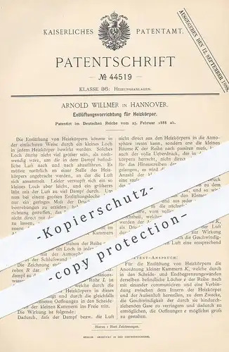 original Patent - Arnold Willmer , Hannover , 1888 , Entlüftung am Heizkörper | Heizung , Luftdruck , Klempner !!