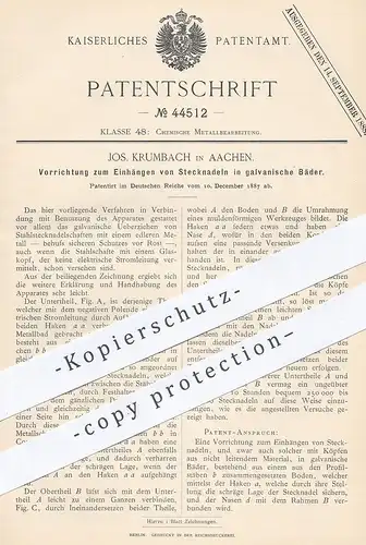 original Patent - Jos. Krumbach , Aachen , 1887 , Einhängen von Stecknadeln in galvanische Bäder | Metall !!