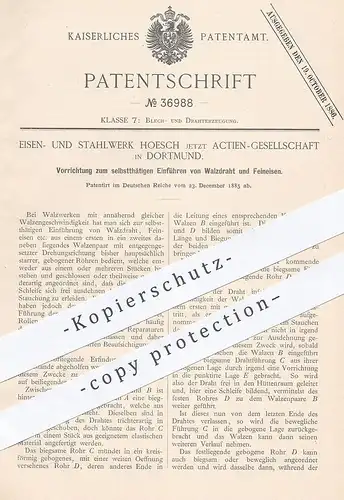 original Patent - Eisen- u. Stahlwerk Hoesch AG , Dortmund , 1885 , Einführen von Walzdraht u. Eisen in Walzwerk | Walze