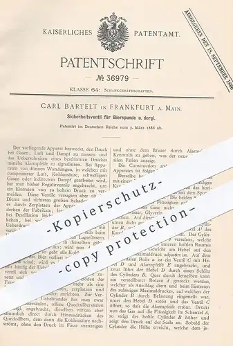 original Patent - Carl Bartelt , Frankfurt / Main , 1886 , Sicherheitsventil für Bierspunde | Zapfanlage , Ventil | Bier