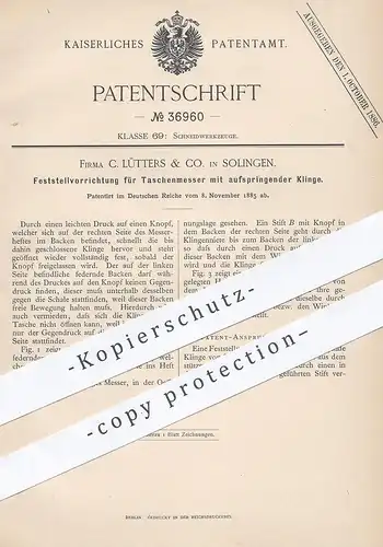 original Patent - C. Lütters & Co. , Solingen , 1885 , Taschenmesser mit aufspringender Klinge | Messer | Schneidzeug !