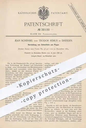 original Patent - Jean Scherbel , Teodor Remus , Dresden , 1886 , Schachtel aus Pappe | Karton , Papierfabrik , Papier !