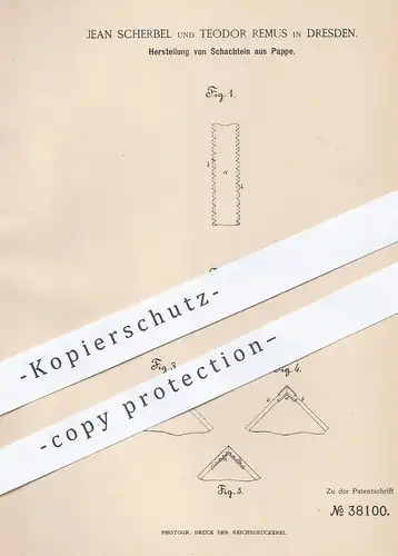 original Patent - Jean Scherbel , Teodor Remus , Dresden , 1886 , Schachtel aus Pappe | Karton , Papierfabrik , Papier !