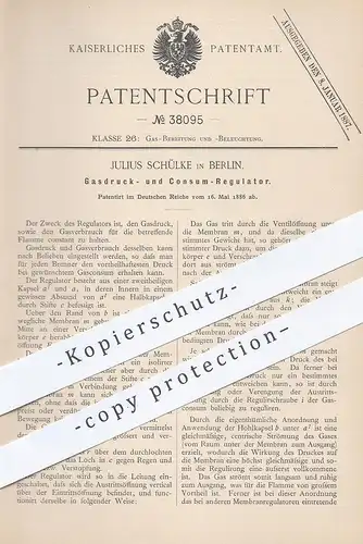 original Patent - Julius Schülke , Berlin , 1886 , Gasdruck - Regulator | Gas - Regulatoren | Brenner , Licht !!