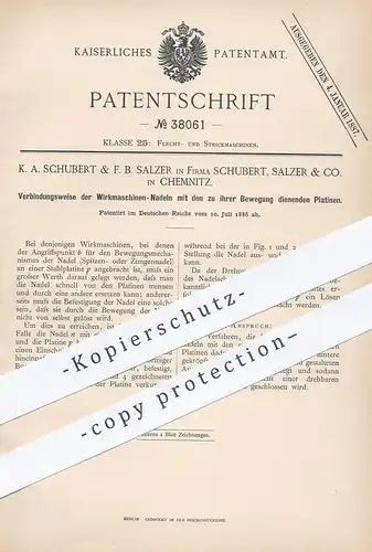 original Patent - K. A. Schubert & F. B. Salzer & Co. , Chemnitz , 1886 , Wirkmaschinen - Nadeln mit Platinen verbinden