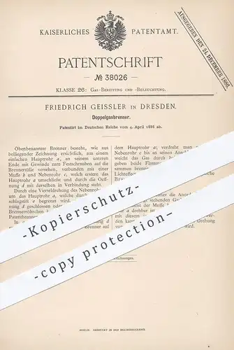 original Patent - Friedrich Geissler , Dresden , 1886 , Doppelgasbrenner | Gasbrenner , Gas - Brenner | Licht | Bray !