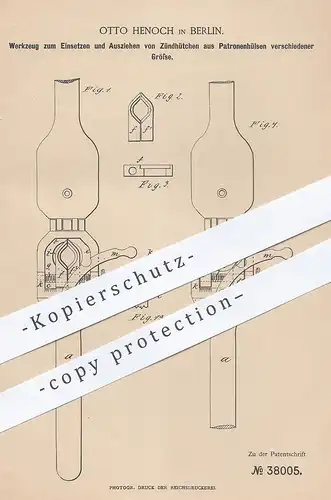 original Patent - Otto Henoch , Berlin , 1886 , Werkzeug für Zündhütchen in Patronenhülsen | Waffen , Patronen , Zünder
