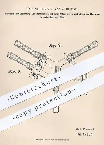 original Patent - Léon Verbeeck et Co. , Brüssel , 1886 , Werkzeug zur Verbindung von Metallröhren | Metall | Drehbank