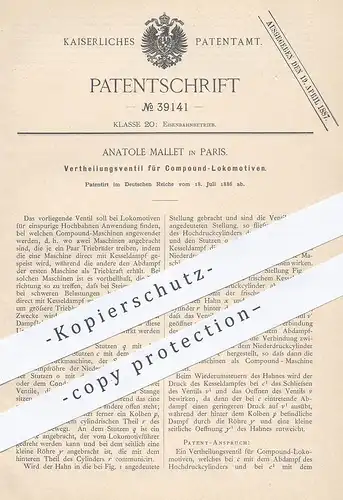 original Patent - Anatole Mallet , Paris , 1886 , Verteilungsventil für Compound - Lokomotiven | Ventil , Eisenbahn !!!