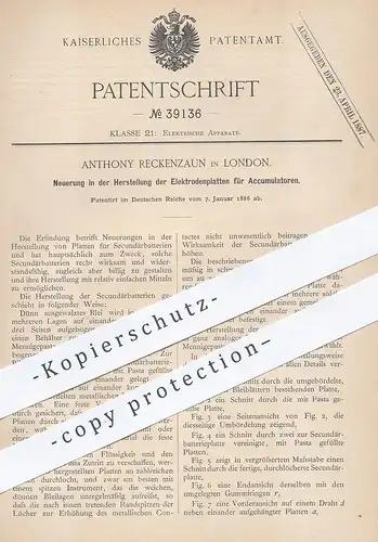 original Patent - Anthony Reckenzaun , London , 1886 , Elektrodenplatten für Accumulatoren | Akku , Batterie | Elektrode
