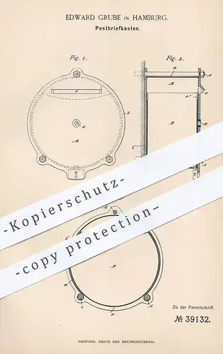 original Patent - Edward Grube , Hamburg , 1886 , Postbriefkasten | Post - Briefkasten | Postkasten , Briefe !!!