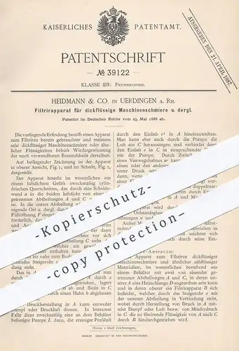 original Patent - Heidmann & Co. , Uerdingen  1886 , Filtrierapparat für dickflüssige Maschinenschmiere | Filter , Pumpe