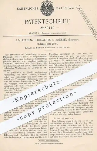 original Patent - J. M. Leynen - Hougaerts , Brüssel , Belgien , 1886 , Öllampe ohne Docht | Öl - Lampe , Licht , Lampen