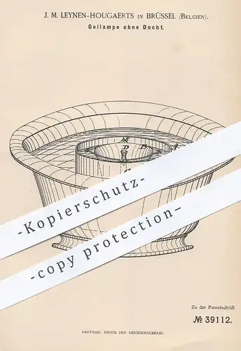 original Patent - J. M. Leynen - Hougaerts , Brüssel , Belgien , 1886 , Öllampe ohne Docht | Öl - Lampe , Licht , Lampen