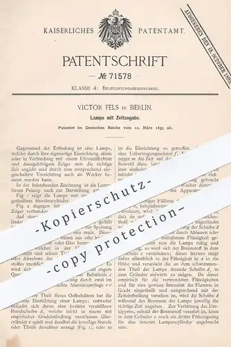 original Patent - Victor Fels , Berlin , 1893 , Lampe mit Zeitangabe | Lampe mit Uhr | Uhrwerk , Licht , Uhrmacher !!