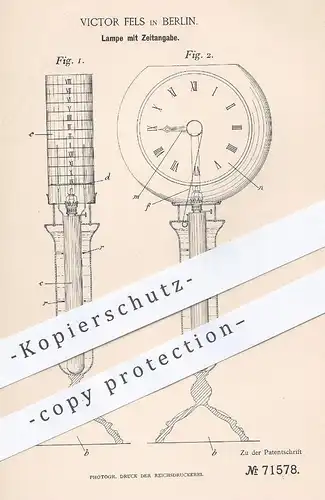 original Patent - Victor Fels , Berlin , 1893 , Lampe mit Zeitangabe | Lampe mit Uhr | Uhrwerk , Licht , Uhrmacher !!