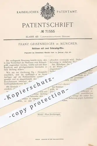 original Patent - Franz Geisenberger , München 1893 , Hufeisen mit 2 Schraubgriffen | Huf , Pferd , Hufschmied , Schmied